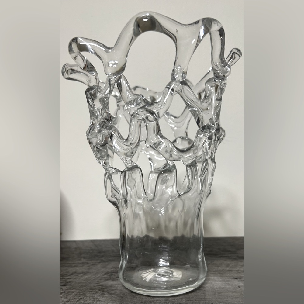 Open latticework clear glass vase.  7.5” tall.  6” wide at the top.